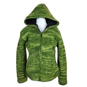 Made in Nepal knit 100% wool Vibrant Green Hooded Jacket